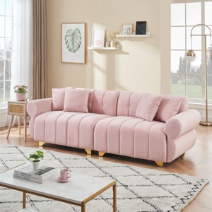 Velvet Upholstered Sofa with 4 Throw Pillows,3 Seat Modern Sofa for Living Room or Office,Spring-Wrapped Sofa with Metal Feet-Koiai - 1 of 4