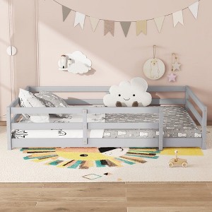 CAVINAS Kids Toddler Bed with Fence,Twin/Full Size Floor Bed,No Box Spring Needed,Montessori Bed for Bedroom - 1 of 4