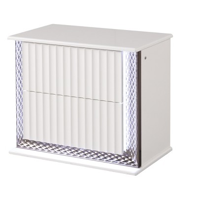 Vynxaria Contemporary White 2-Drawer Nightstand, Wood Build, Diamond-Patterned LED Sides, Textured Drawer Fronts, Sturdy Construction