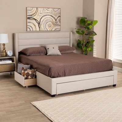 Beige and Dark Brown Upholstered Full Storage Platform Bed with Drawers