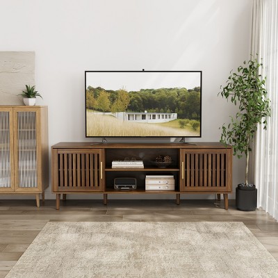 VYNXARIA 63 inch TV stand with 2 grille door cabinets and adjustable storage rack, suitable for 55/65/70 inch TVs, walnut