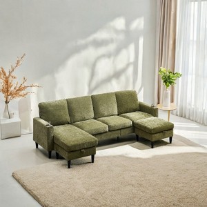 FONTOI U-shaped Sofa with Storage Chaise, 3-Seat Sofa Couch with Cup Holders for Living Room Apartment, Green, 101.06"*35.43"*52.36" - 1 of 4
