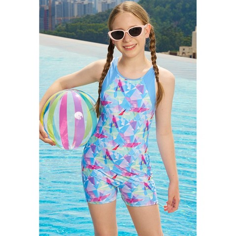 Charmo Girls Geometric Blue Print Boyleg One Piece Swimsuit Athletic Bathing Suit Competitive Swimwear Size 13-14 Years