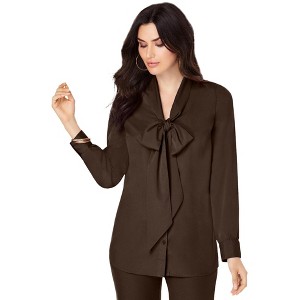 Roaman's Women's Plus Size Long Sleeve Bow Blouse - 1 of 4
