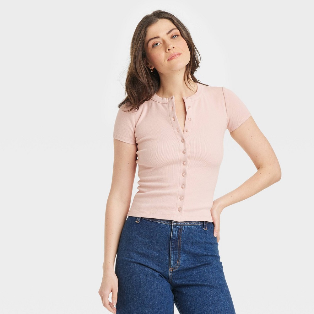 Women's Short Sleeve Button-Down T-Shirt - Universal Thread™ Pink M: Casual Crew Neck, Lightweight Ribbed Fabric