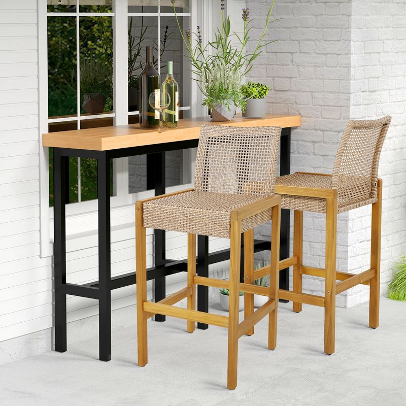 Costway Set of 2 Patio Wood Barstools Rattan Bar Height Chairs with Backrest Porch Balcony, 3 of 9