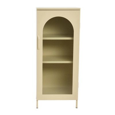 Cream Metal Accent Cabinet with Arched Glass Door and Adjustable Shelves