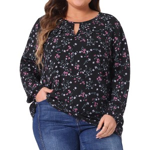 Agnes Orinda Women's Plus Size Chiffon Keyhole Long Sleeve Floral Blouses - 1 of 4