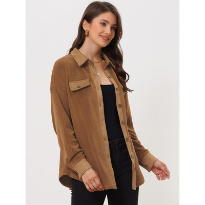 Allegra K Women's Microfleece Turnover Collar Button Down Lightweight Shirt Jacket Brown Medium — фото 3