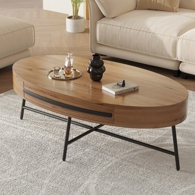 Garvee Oval Coffee Table with Drawer Mid-Century Modern Center Table 47.2“ Wooden Coffee Table with Storage and Cross Metal Legs