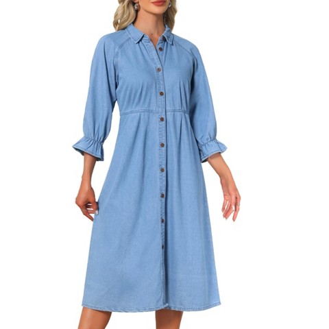 Женские платья INSPIRE CHIC Women's Denim Casual Ruffle Long Sleeve Button Down Midi Jean Shirt Dress Light Blue Medium