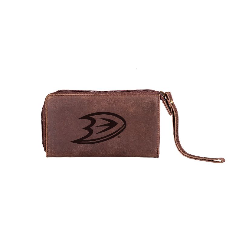 Evergreen NHL Anaheim Ducks Brown Leather Women's Wristlet Wallet Officially Licensed with Gift Box, 1 of 2