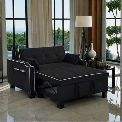 3 in 1 Sleeper Sofa Couch Bed, Tufted Velvet Convertible Loveseat Futon Sofa w/Pullout Bed, Adjustable Backrest, Cylinder Pillows for Living Room