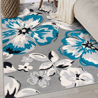 Elegant Floral Blue 5' x 7' Easy-Care Synthetic Area Rug