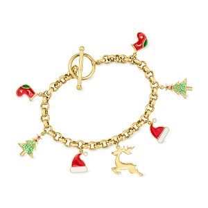 Ross-Simons 0.24 ct. t.w. Multi-Gemstone Christmas Charm Toggle Bracelet With Multicolored Enamel in 18kt Gold Over Sterling. 7 inches - 1 of 4