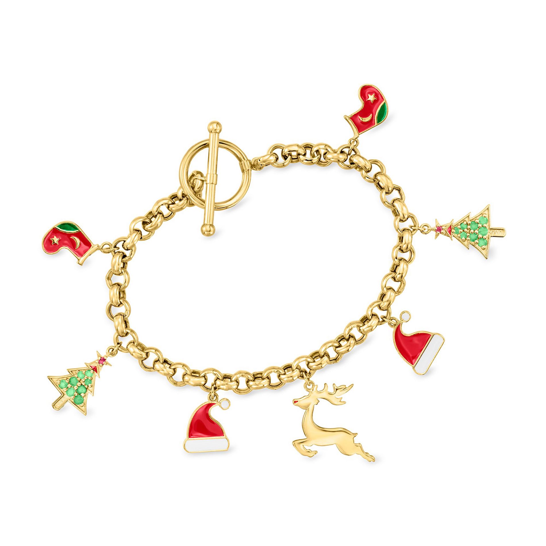 Ross-Simons 0.24 ct. t.w. Multi-Gemstone Christmas Charm Toggle Bracelet With Multicolored Enamel in 18kt Gold Over Sterling