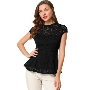 INSPIRE CHIC Women's Mock Neck Cap Sleeve Crochet Lace Peplum Blouse - 1 of 4