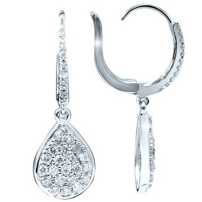 Pompeii3 VS 1 1/8ct Diamond Hoops Dangle Pear Shape Earrings 18K White Gold 1 1/4" Tall