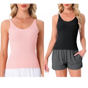 INSPIRE CHIC Womens 2 Pcs Loungewear Soft Cami Sleepshirts Pajama Shorts Sleeveless V-neck Tops - 1 of 4