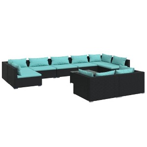vidaXL 10-Piece Outdoor Patio Lounge Set Black Poly Rattan with Thick Padded Cushions and Glass-Top Coffee Table - 1 of 4