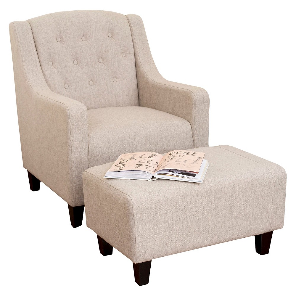 Elaine Tufted Fabric Chair and Ottoman - Light Beige - Christopher Knight Home: Espresso Legs, Polyester Upholstery, Living Room Furniture Set