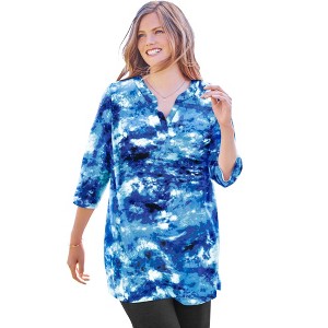 Woman Within Plus Size Three-Quarter Sleeve Notch-Neck Tunic - 1 of 4