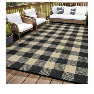 Black and white - 9*12 feet  Outdoor Area Rug Plastic Waterproof  Stain Resistant Checkered Reversible Light Weight Portable Mat UV Resistant Carpet - 1 of 4