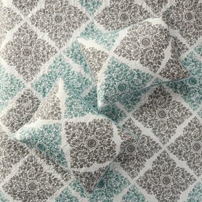 Aqua and Gray Reversible Microfiber Full Quilt Set with Shams