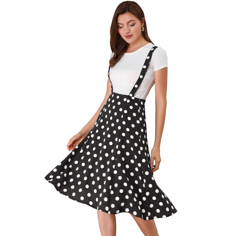 Allegra K Women's Vintage Polka Dots Midi Floral Suspender Skirt, 1 of 6