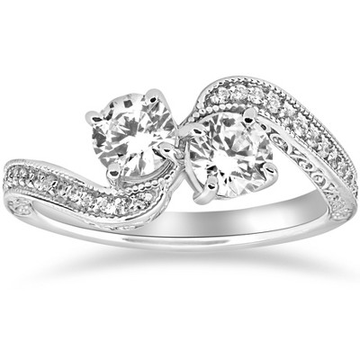 Pompeii3 1 ct Two Stone Forever Us Vintage Diamond Engagement Ring 14k White Gold