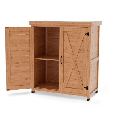 Outdoor Work Station Table Potting Bench with Storage Cabinet and Metal Table Top for Outdoor Patio
