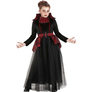 HalloweenCostumes.com Large Girl Enchanting Girl's Batwing Vampire Costume | Elegant Black Dress with Tulle Skirt for Halloween,  Black/Red - 1 of 3