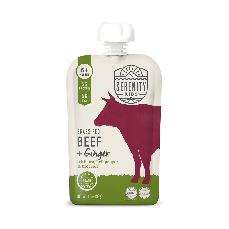 Serenity Kids Grass Fed Beef and Ginger with Red Pepper, Broccoli, and Peas Baby Meals - 3.5oz, 1 of 8