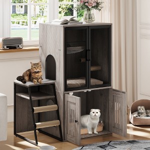 Cat Litter Box Enclosure Furniture, Double Layer Cat House with Door, Cat House with Ladder - 1 of 4