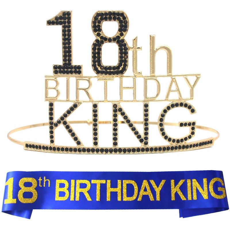 VeryMerryMakering 18th Birthday King Crown and Sash for Boys - Majesty Gold & Black Premium Metal Crown for Him + Blue & Gold Sash, 1 of 6