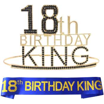VeryMerryMakering 18th Birthday King Crown and Sash for Boys - Majesty Gold & Black Premium Metal Crown for Him + Blue & Gold Sash