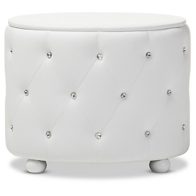 Davina Oval White Faux Leather Glamour Nightstand with Crystal Accents