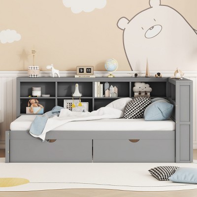 Wooden Daybed with USB Port and Storage Drawers, Platform Bed Frame with Side Shelves for Guest or Teen Room-Cuddlewood