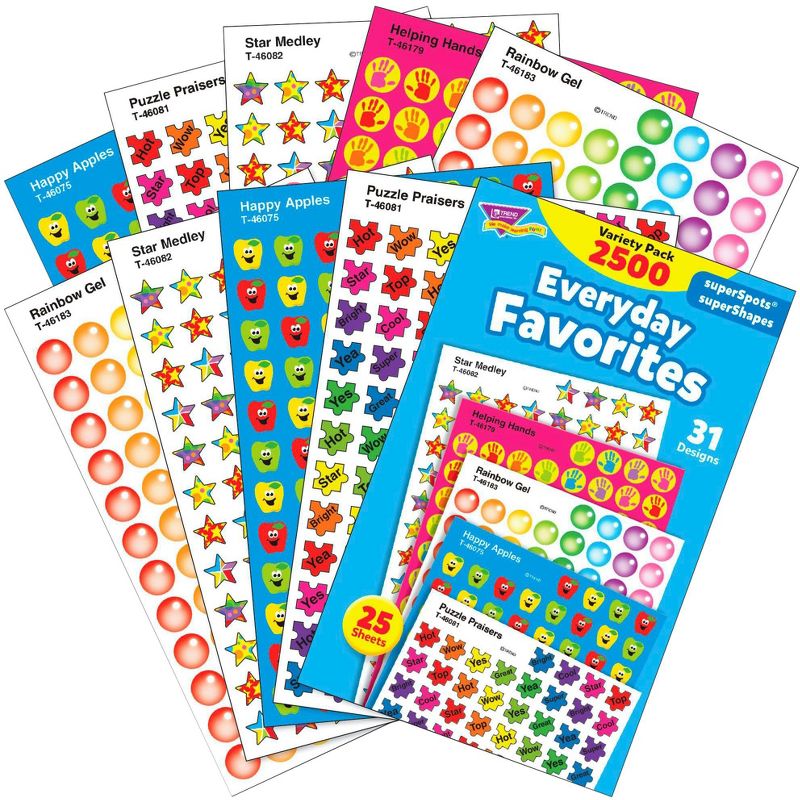 Trend Enterprises SuperSpots & SuperShapes Everyday Favorites Stickers, Variety Pack, Set of 2500, 3 of 4