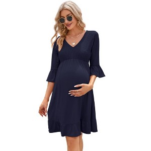 Women's Maternity Smocked 3/4 Sleeve Boho Dress V Neck Fall Casual Ruffle Flowy Midi Dress for Baby Shower Photoshoot - 1 of 4