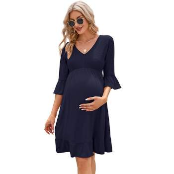 Women's Maternity Smocked 3/4 Sleeve Boho Dress V Neck Fall Casual Ruffle Flowy Midi Dress for Baby Shower Photoshoot