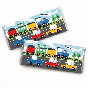 Big Dot of Happiness Cars, Trains, and Airplanes - Candy Bar Wrapper Transportation Birthday Party Favors - Set of 24 - 1 of 4