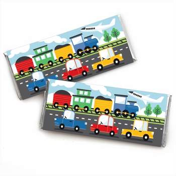Big Dot of Happiness Cars, Trains, and Airplanes - Candy Bar Wrapper Transportation Birthday Party Favors - Set of 24