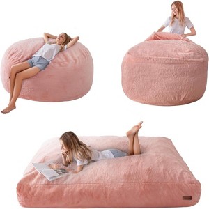 MAXYOYO Giant Bean Bag, Faux Fur Convertible Beanbag Folds from Lazy Chair to Floor Mattress Bed, Pink - 1 of 4