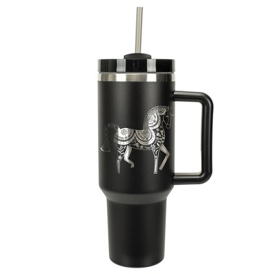 Elanze Designs 40 Ounce Travel Tumbler With Straw and Lid Stainless Steel Double Wall Insulated Majestic Floral Horse Black