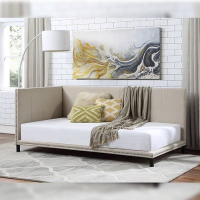 Beige Linen Full Upholstered Daybed with Nailhead Trim