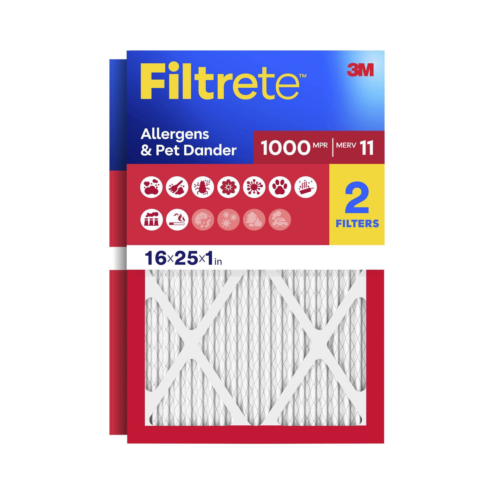 Filtrete 16x25x1 2pk Allergen Defense Air Filter 1000 MPR: MERV 11 Furnace Filter, Electrostatic, Captures Dust & Pollen