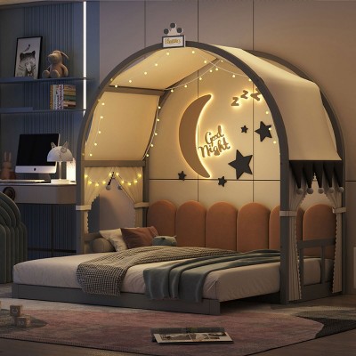 Twin Size Bed Frame With Arched Roof And Light Strip,Bed Frame Wood With Playful Tent,Pinewood Ground-Level Canopy Bed -Maison Boucle