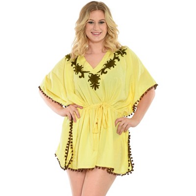 LA LEELA Women's Summer Vacation Beachwear Mini Swim Suit Plus Size Casual Bathing Suit Loose Beach Dress Cover-up 2X-3X Yellow, Solid