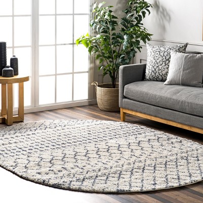 Beige and Blue Oval Trellis Shag Area Rug